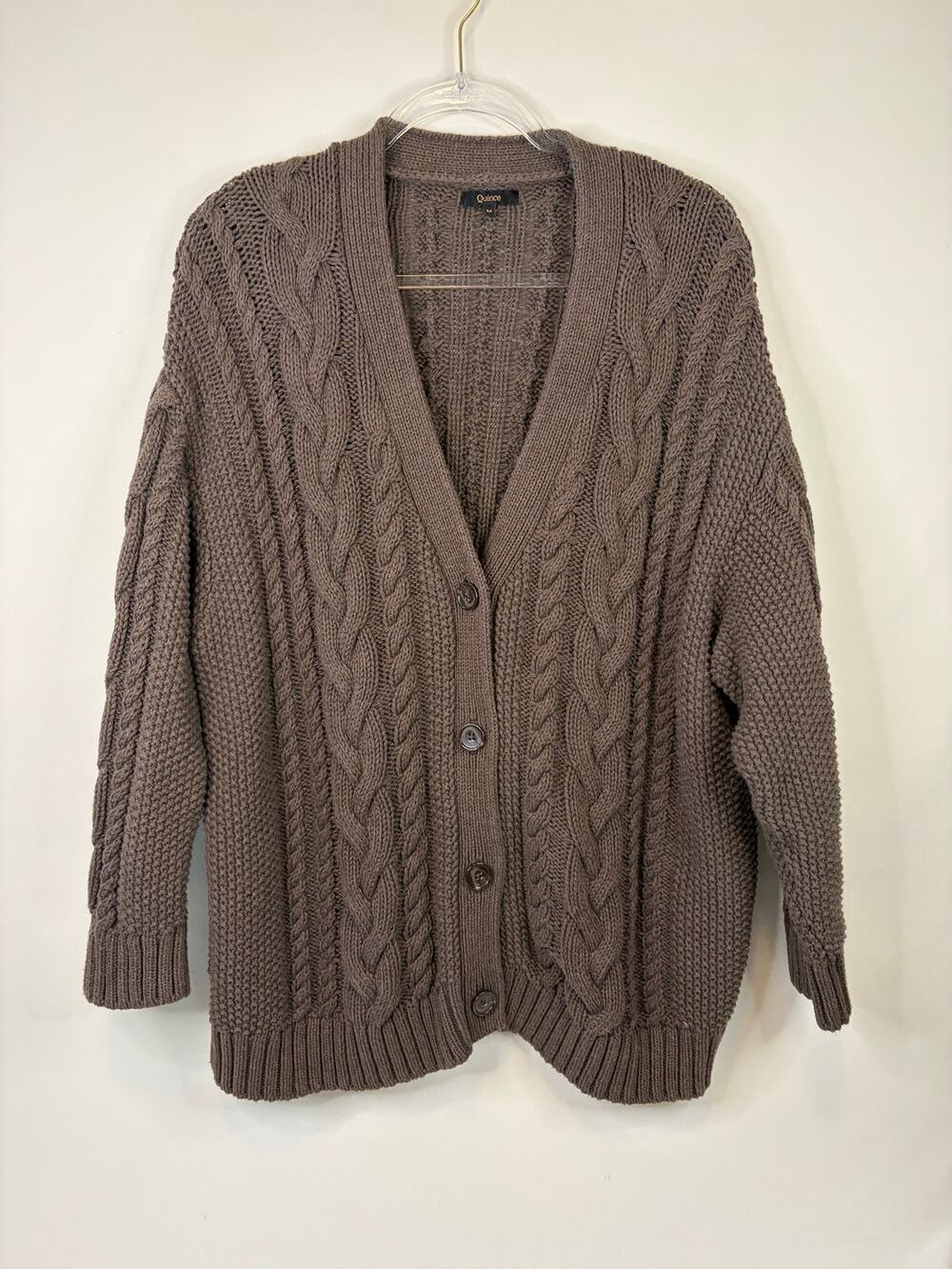 Quince 100% Organic Cotton Oversized Cable Cardigan Heather Brown Medium